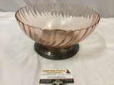 Antique French pink glass Arcoroc bowl with silver plate base, see pics