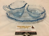 Vintage blue glass sugar bowl and creamer w/ serving plate set