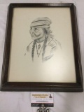 vintage framed portrait drawing of Native American woman signed by artist