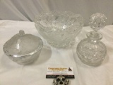3 pc. Lot of vintage Crystal/ glass decor; bowl, decanter w/ stopper, rose bowl w/ lid