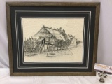 Framed drawing of raised hut on handmade paper by Vankham