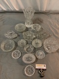 Nice lot of glass / crystal decor; containers w/ lids, vase, bowls and more.