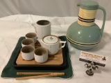 Lot of Asian tea set w/ wood metal tray, Corning Thermique plastic pitcher