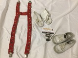 2 pairs of vintage baby shoes plus child size suspenders.