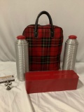 Vintage plaid canvas bag w/ 2 Red Polly Top THERMOS containers w/ red lunch kit box