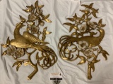 2 pc. set of ROCO gold painted plastic wall art w/ mirrored bird / pheasant design