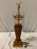 Vintage trophy, approx 5 x 5 x 22 in. 1 hand is missing on figure. see pics