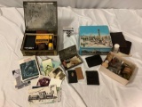 2 vintage tin boxes w/ random collection of jars, wallets, postcards, photos, camera equipment