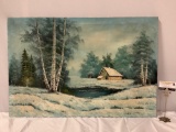 Vintage / antique original canvas oil painting of snowy winter cabin signed by artist, unframed