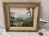 Vintage framed nature scene original canvas board oil painting, approx 19 x 17 in.