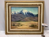 Framed Vintage Original Mountain oil painting on canvas board signed by artist Kampbell, approx 28 x