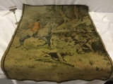 Antique French woven Hunter on horseback w/ hunting dogs tapestry, marked: made in France