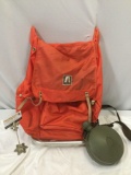 Vintage ACADEMY The A-Line metal frame hiking backpack plus plastic canteen marked US