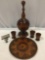 5 pc. lot vintage wood carved decanter w/ stopper, 3 cups and plate w/ etched designs