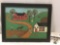 Framed vintage original folk art farm scene painting on wood board signed by artist LP