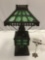 Antique metal electric lamp w/ stained glass shade, tested/working, shows wear, cracked glass