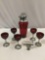 6 pc. vintage red glass / chrome martini shaker / jigger bar set w/ 5 matching glasses