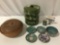 8 pc. lot of vintage Asian tableware, Chinese metal enameled plates / bowl & match box.