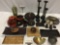 lot of Asian decor / table pieces; MIKASA candleholders, Japanese vases, brass wrapped green glass