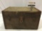 Antique wood canvas wrapped trunk with leather handles and metal hardware, as is
