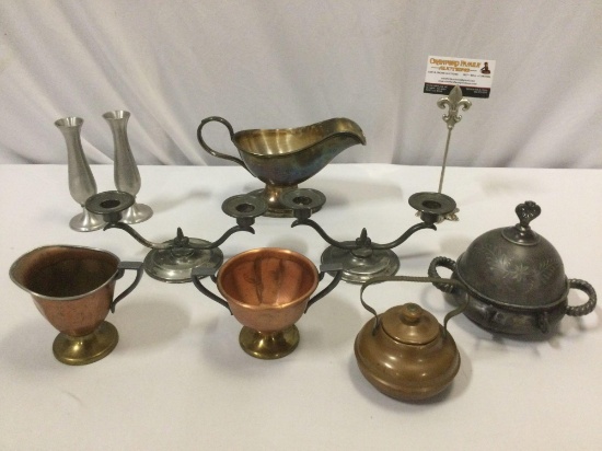 9 pc. vintage metal decor; copper sugar bowl, creamer, tea pot, Leonard pewter bud vases
