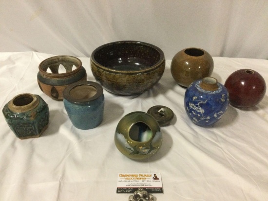 9 pc. lot of vintage/antique ceramic stoneware pottery art vases, candleholders, some signed