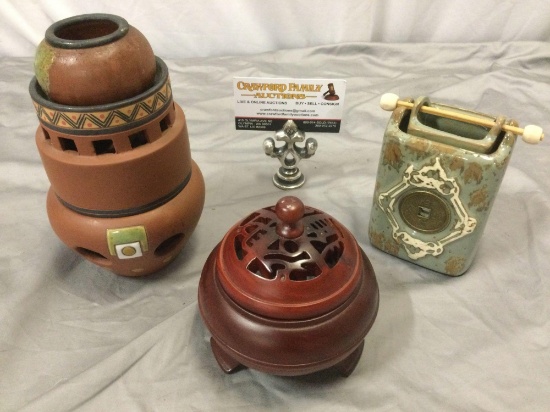 3 pc. lot of candle holders from Vietnam: cherry wood, ceramic, red clay.