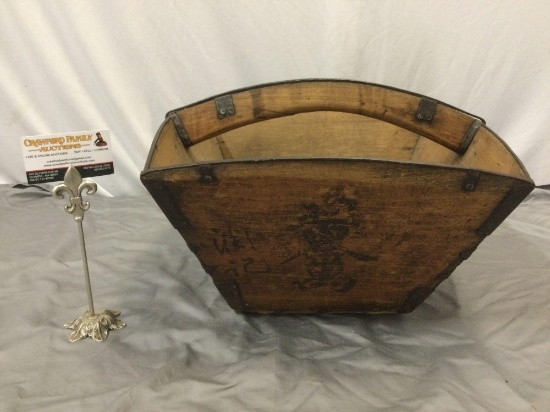 Old antique Asian wood basket w/ metal rim/hardware, approx 16 x 16 x 11 in.