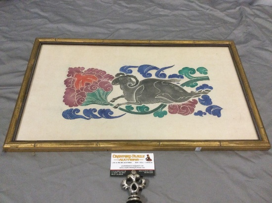 Antique framed rubbing multi-color print of a ram, approx 22 x 13 in.