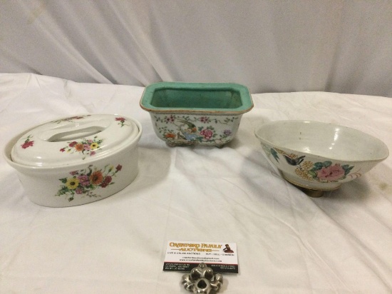 3 pc. lot vintage ceramic tableware; Chinese planter, handmade bowl, B.I.A. Cordon Bleu croc. France