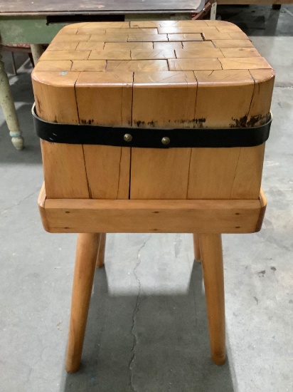 Antique French Provincial pinewood butcher block, approx 17 x 17 x 33 in.