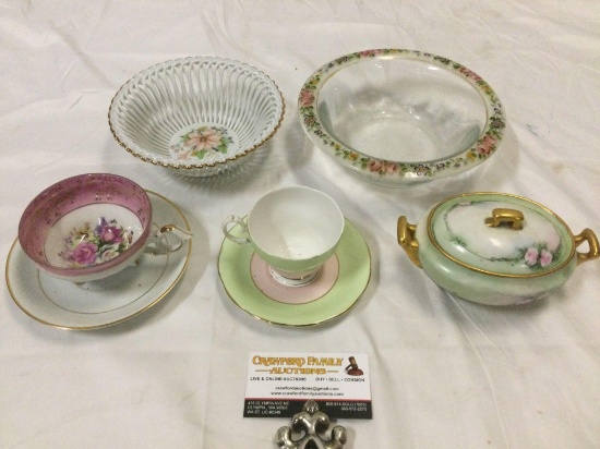 5 pc. lot vintage fine bone china tea cups and saucers/ glass bowl w/ floral print rim, Noritake,