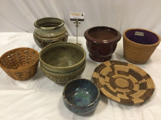 7 pc. lot ceramic stoneware plater pots / bowl, basket planters, Native American woven plate