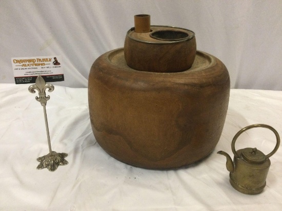 Antique Chinese wood / copper boiler set w/ brass teapot, approx 12 x 12 in.