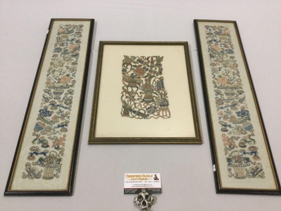 3 pc. lot vintage framed Asian stitched artworks, approx 6 x 25 in.