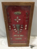 Framed window box vintage collection of stone caved arrowheads and stone beads