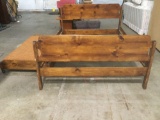 Vintage solid wood oak queen size bed w/ head board / foot board and roll away child sleeper