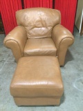 Extremely comfortable Tan Italian Leather easy chair w/ matching ottoman. Nice condition