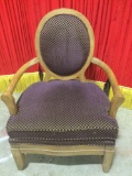 Solid wood parlor chair w/ an oriental design , bent wood arms, oval back with purple upholstery