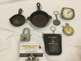 8 pc. lot of vintage metal items; Wagner Ware 1050 A mini cast iron pan, painted fish cast iron pan,