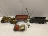 4 pc. antique metal toy vehicles; Marx Lumar army truck, Hy-Speed red wagon, Tonka jeep, NyLint