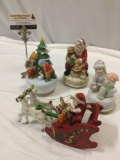 4 pc. Lot vintage Christmas holiday music boxes; wooden Santa?s World sleigh, ceramic rotating