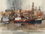 Framed original watercolor painting of docked fishing boats, marked: Benson, Cape Ann, sold as is.