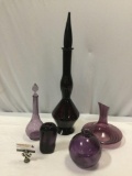 5 pc. lot of vintage amethyst art glass vases, large decanter w/ chipped stopper, see pics