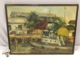 Antique framed original canvas oil painting, fishing boat at dock