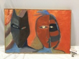 Framed original canvas painting of two masked figures by artist Marileigh, 1994