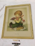 Framed vintage art print Greedy Petey by Charlot Byi, approx 14 x 18 in.