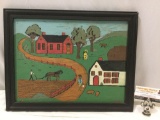 Framed vintage original folk art farm scene painting on wood board signed by artist LP