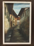 Vintage framed F. R. Rastio original canvas oil painting of a man in alleyway, RARE piece