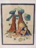 Framed original illustrated art piece of boy and girl resting under trees, signed by artist